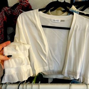 White Crop Ruffle Sweater Cardigan by Calvin Klein